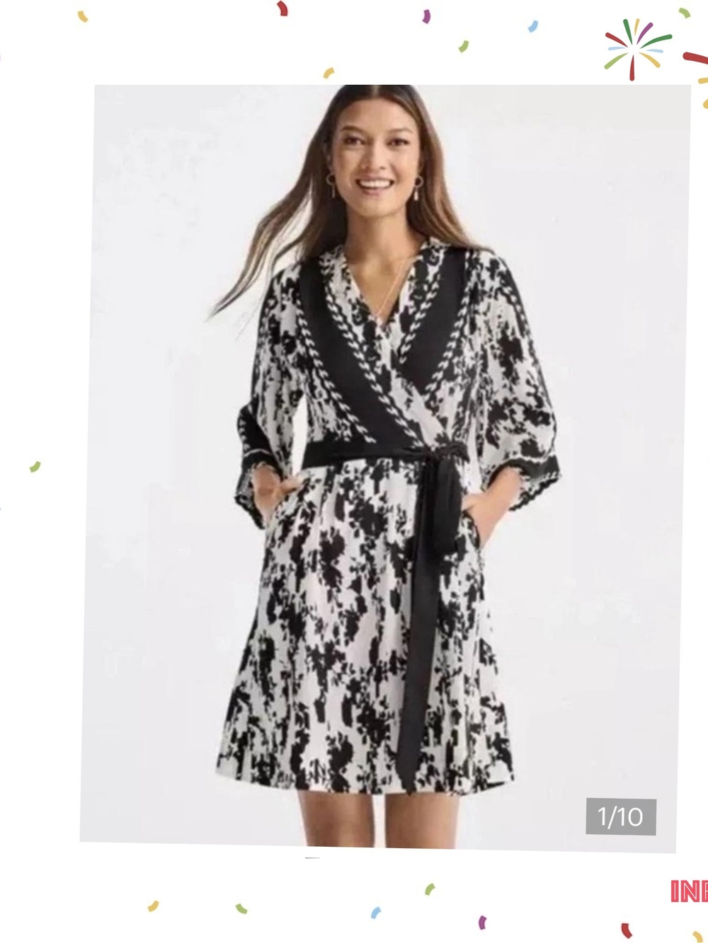 CAbi Black and Cream Wrap Dress with Contrast Wrap Belt Size Xl